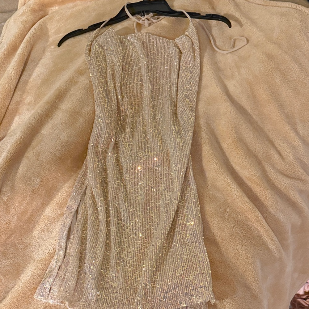 Fashion Nova Glittering Gold Backless Dress